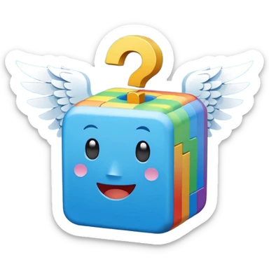  mainly blue and rainbow, the blue being the block itself. The rainbow parts are question marks, corner and smile. It has 2 white wings on each side like the other Lucky Blocks. sticker