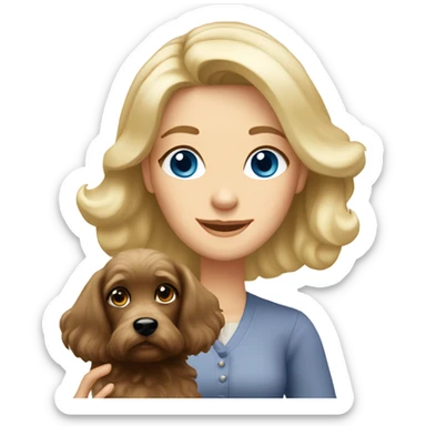 Old blue eyed blonde lady with long straight hair with dark brown Cockapoo puppy dog sticker