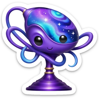 An alien trophy with cosmic colors, deep purples and blues, galaxy swirls, and tiny stars embedded in the design sticker