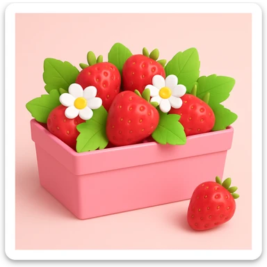 A pink box of strawberries in the 3D iOS model. The box is pink. The strawberries are red with green leaves. The background is plain and light pink. sticker