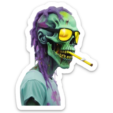 .Zombie_ Vaporwave black holographic oilslick zombie unicorn smoking beakerbong yellow caution tape sticker