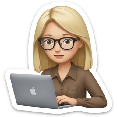 Girl in glasses, blonde long hair, brown blouse, typing on gray MacBook sticker