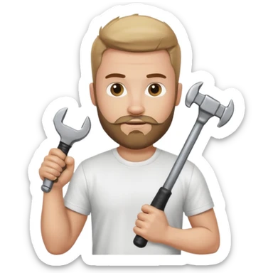  guy who looks very handsome, he has a beard, wears a white tee shirt and holds a wrench in one hand and a black hammer in the other  sticker