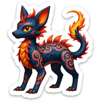 Shiny Fiery Dark Ugly Evil Realistic Glowing Eldritch Horror Cool Edgy Badass Emo Glorious Demonic Batty Dusky Ethereal Magical Punky Aural Fluorescent Bioluminescent Hideous Canine-Litten-Amaura-Salandit-Noibat-Flareon-Fakémon-fusion (full body) with intricate pattern markings sticker