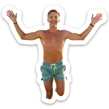 A white man running into the ocean with arms wide open, embracing the waves and the moment. The sun shines warmly, and the water sparkles, symbolizing the joy of creating fun and appreciating life’s simple moments. Their footprints in the sand fade as they fully immerse themselves in the present. sticker