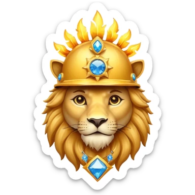 Lion with helmet shaped like the sun with a blue diamond shaped gem in the middle with fire powers that can fly sticker