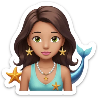 Create a teen girl wearing a light blue tank top. She will have long brunette hair, tan skin, pink lips, and grey-green eyes. She has long eyelashes. She also has light freckles and is wearing a gold charm necklace that has an n on it, a pearl, a sun, a starfish, a mermaid tail, and seashell sticker