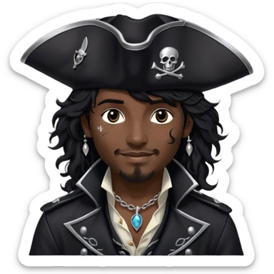 A charismatic pirate with wavy black hair tousled. His black tricorn hat, embroidered with silver. Dark eyes glint with mischief as he gazes to the side, a knowing smile on his lips. His fitted black coat, adorned with silver buttons. A silver chain dangles from his belt sticker