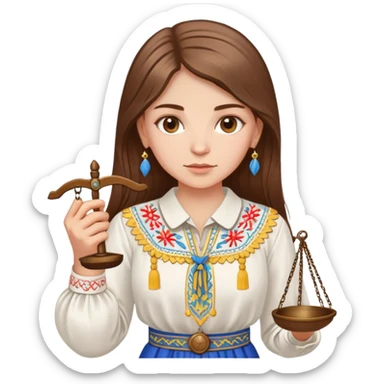 Ukrainian girl with brown hair wearing traditional embroidered shirt (vyshyvanka) holding scales of justice in her hand sticker