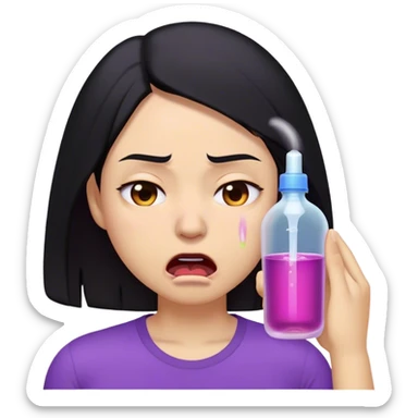 A digitally illustrated emoji-style character of a woman with shoulder-length black hair, wearing a purple shirt. Her expression shows extreme exhaustion or dehydration—her eyes are bloodshot and dry, her tongue is sticking out, and she has a single sweat drop on her cheek. The image has a clean white background sticker