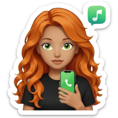 Girl with dark long orange wavy hair, green eyes, and black t-shirt and phone with tiktok app on hand sticker