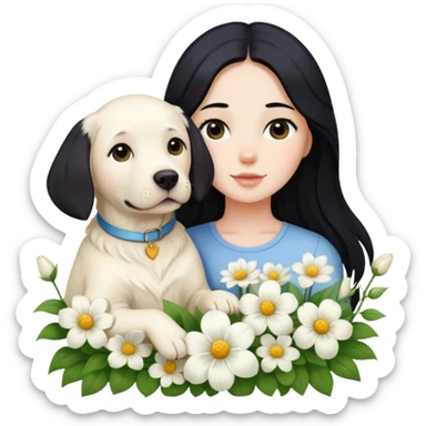A girl with long black hair is holding a white Labrador in the flowers sticker