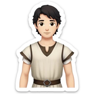 medieval summer outfit worn by a DnD themed fantasy male character. thin, sleeveless cotton tunic with a deep neckline and reinforced stitching around the shoulders. clothes only above the waist. The clothes full waist. The character's haven't arms. character is white-skinned, black hair, brown eyes, short wavy hair. sticker
