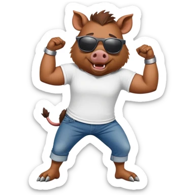 friendly anthropomorphised boar in jeans and a t-shirt, wearing dark sunglasses, stretching pose sticker