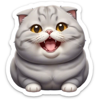 Cinematic Cute Chubby Grey Scottish Fold Cat Portrait Emoji, Adorable folded ears framing its round face, head tilted playfully and yawning, round and plump body with sleek soft grey fur and subtle blue undertones, Simplified yet adorable features, highly detailed, glowing with a warm, friendly glow, high shine, curious yet calm, stylized with a touch of whimsy, bright and endearing, soft glowing outline, capturing the essence of a mischievous yet loving and lazy kitty with those signature folded ears, so cute it feels like it could stretch out of the screen and cuddle! sticker