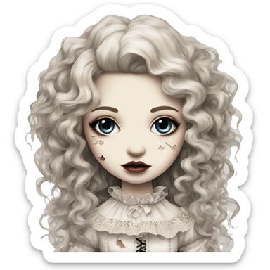porcelain doll with a cracked face, long hair, lace and ruffles, lolita style, inked sticker