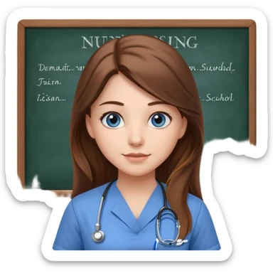 university classroom that says nursing school on the blackboard with a pretty female nursing student with long brown hair, blue eyes sticker
