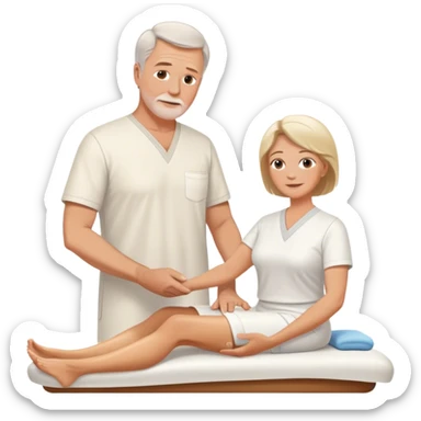 60-year-old white man dressed in white tunic giving massage to a 60-year-old white woman sticker