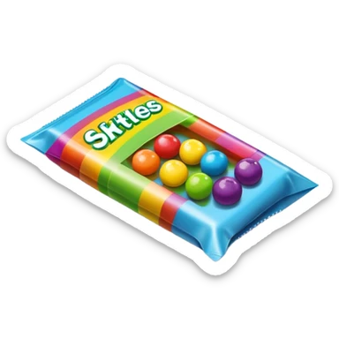 Ultra simplified Skittles package, just a small rectangular rainbow colored package with a few small green circle candies. Absolute minimal design with clean lines. sticker