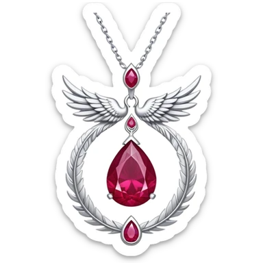 cosmic phoenix talisman, teardrop ruby with feather details, radiating rebirth, floating silver chain sticker