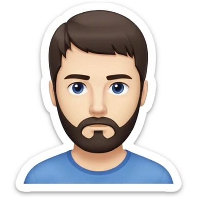 Caucasian man with long straight dark brown hair styled loose with fringe, medium-length hair, short full beard, neutral serious expression, simple blue shirt sticker