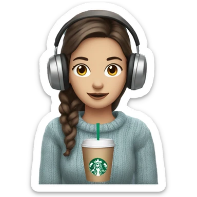 Can you make a brunette girl with blue greyeyes wearing a beig sweater and ear muffs holding a Starbucks cup sticker