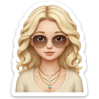Blonde girl with wavy hair, wearing a cream knitted top and layered necklaces. Sunglasses on head, natural light, neutral background, soft boho vibe. sticker