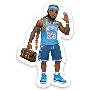 LeBron james with bohemian knotless braids and a Paul frank blue crop top with black baggy jorts and Jordan 4s sticker