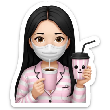 chica de pelo lacio color negro cabellera larga piyama blanca con rayas rosa claras peo no tan claras no oscuras el bordado es negro al igual que los botones )tiene una mascarilla para la carablanca y sostiene y cafe con bolitas nedras al dondo con unsorbete tranparente y es de test blanca  sticker