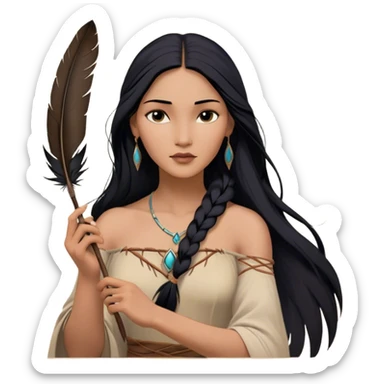 Cinematic Realistic Pocahontas Portrait, depicted with lifelike skin texture, soft natural lighting, and intricately detailed long, flowing raven-black hair that moves gracefully in the wind. Her deep, soulful dark brown eyes exude wisdom and strength, complemented by a serene yet powerful expression. She is shown gently holding a feather in one hand, her other hand resting lightly at her side, embodying the harmonious balance between nature and herself. She is dressed in her classic one-shoulder native American dress, with rich fabric textures and delicate beaded details that catch the light beautifully. The portrait features a soft, sun-kissed glow with a natural, radiant finish, capturing the essence of untamed beauty and deep connection to nature in a realistic and painterly style, evoking a sense of depth and authenticity. sticker