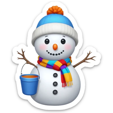 A snowman wearing a colorful scarf and a tiny bucket hat. sticker