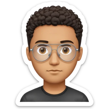 Young brown-skinned Latino man with oval face and large forehead, metal-framed aviator glasses with clear lenses, high skin fade haircut with very short dark curls only on top, calm friendly expression, black t-shirt sticker