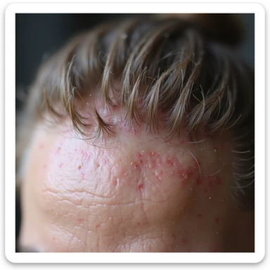 hyperrealistic 4K close-up of a scalp area with miniaturized hair and reddened skin, with overlay text 'Androgenetic alopecia from PCOS' in Italian sticker