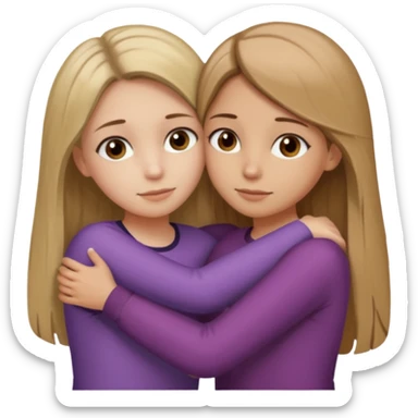 Two girls are hugging. One has dirty blonde hair with a little reddish in it. She has also grey eyes. Her hair is long and straight. The other girl has dark brown hair with hazel eyes sticker