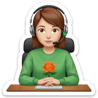 woman, brown hair, middle european, wearing a headset and rose sweatshirt. sitting in the office. she is controling limits on screen: green = ok, orange = bald überschritten, re = limite überschritten sticker