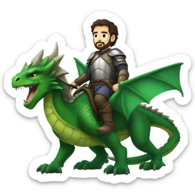 Determined armored White Man with dark brown hair and a short beard riding on the back of a giant green dragon sticker