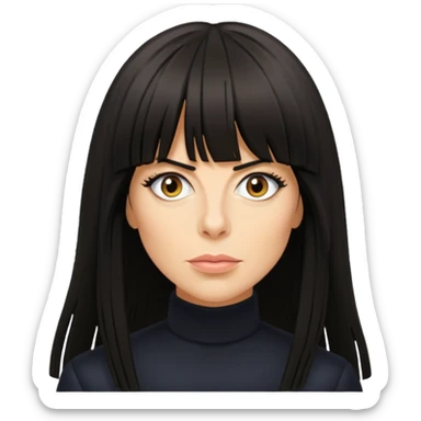 Claudia Winkleman with a very thick long fringe sticker