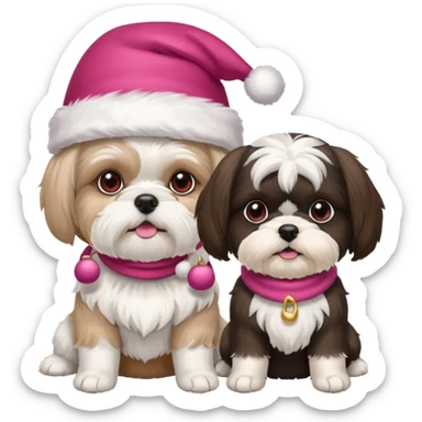 two dogs one little white all over shih tzu dog with pink santa hat and one mostly white with black havanese dog wearing a red santa hat sticker