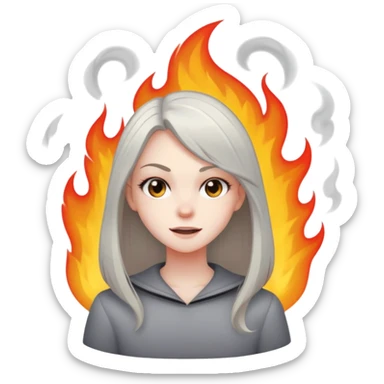 girl with a mischievous smirk standing in the foreground, while small flames or smoke rise in the background. The character has straight hair and a confident expression. sticker