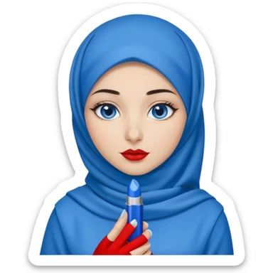 Turkish beautiful finish Konya girl blue eyes with blue hijab islamic dress and had on her hand blue ysl lipstick and hold it sticker