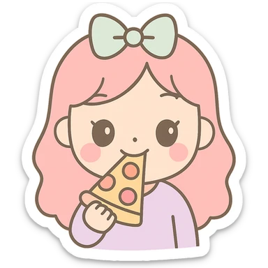 Make the girl eat pizza and look like she is enjoying it, same kawaii chibi anime style, flat pastel colors, thick outlines, simple cute features, transparent background. sticker
