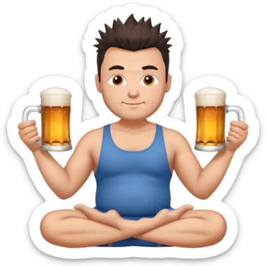 big slavic guy sitting in yoga pose, spiky short dark hair, holding beer mugs in two hands sticker