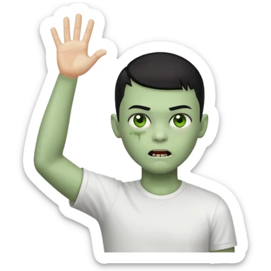 zombie boy with black buzz cut hair and white t shirt, arms raised, apple style emoji sticker