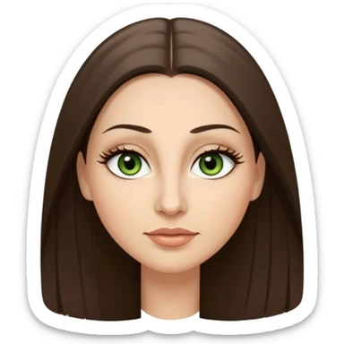 40 year old Adult woman avatar, light skin tone, oval face, long straight ashy brown hair, green almond-shaped eyes with dramatic eyelashes and minimal eyeliner, neutral mouth, medium straight eyebrows, small nose, smooth skin sticker
