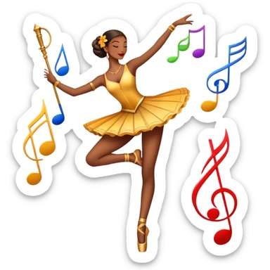 Icon for Choreography: a dancer in a graceful pose with musical notes, a director’s baton, a metronome and a dance floor. The icon should represent the art of choreography, with focus on movement, timing, and creativity. Transparent background. sticker