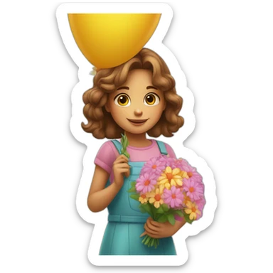 a beautiful little girl with a bouquet of flowers in her hands is standing near a big balloon sticker