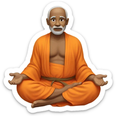 an old yogi with a peaceful and meditative expression. The character should be wearing an orange robe, symbolizing traditional yogic attire. The yogi can be sitting in a lotus position sticker