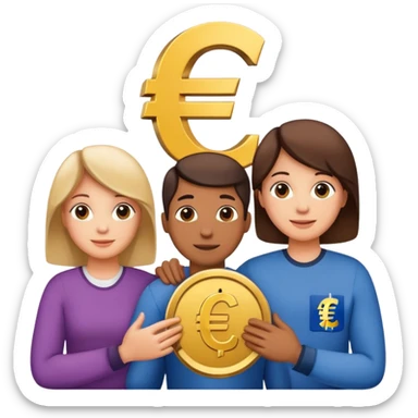 family of three (mom, dad, one child) holding euro symbol together sticker