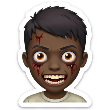 Make a boy zombie dark skin and short black 4c hair, showing a grilz teeth sticker