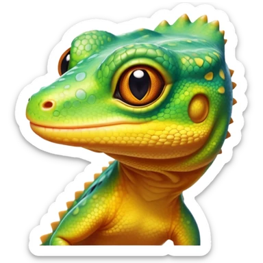 cinematic-cute-realistic gecko-portrait-emoji,-head-tilted-playfully-and-inquisitively,-featuring-a-small,-charming-body-with-smooth,-vividly-patterned-scales,-bright,-sparkling-eyes-and-delicate,-sticky-toe-pads,-simplified-yet-irresistibly-adorable sticker